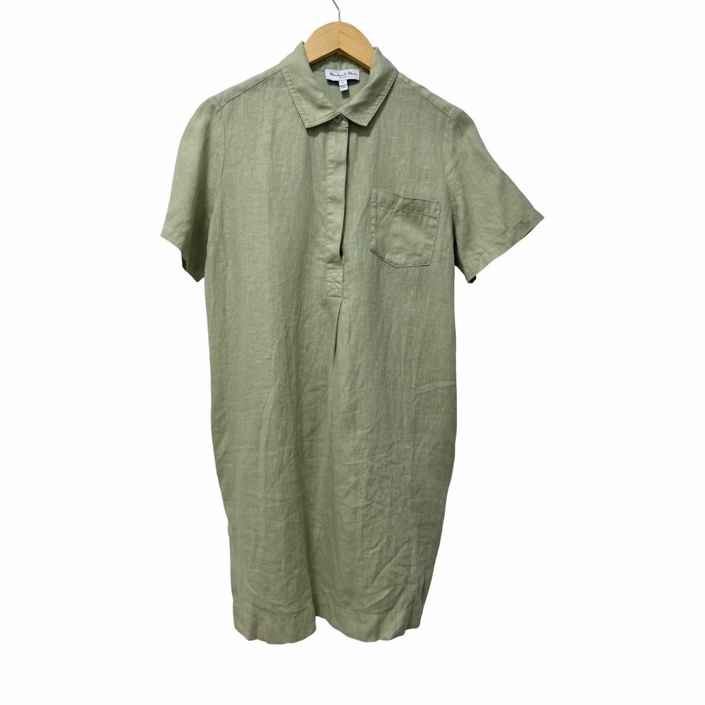 Michael Stars Ola Utility 100% Linen Shift Mini Dress Size S Seacrest Green